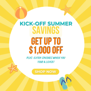 May Specials - get up to $1,000 off, plus extra savings when you tour and lease